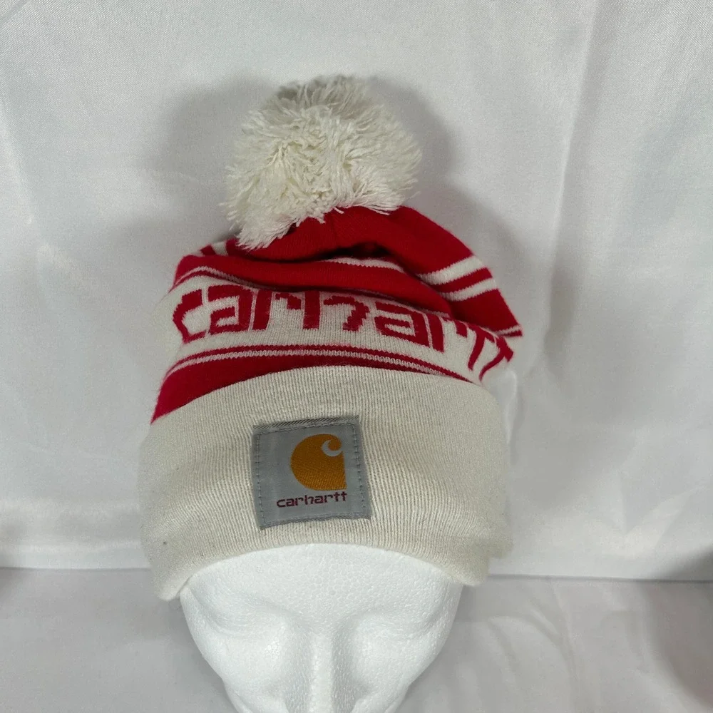 Carhartt Pom Pom Beanie Hat Red White Striped Knit Cuffed Logo One Size